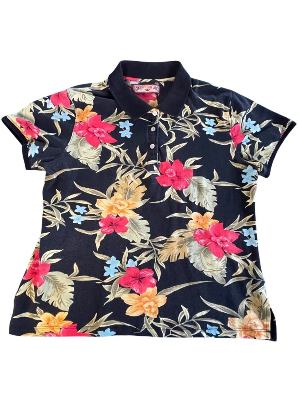 Caribbean Joe Womens Black Polo Shirt With Vibrant Floral Print Button Front Sho